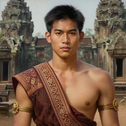 a smart and handsome and beautiful thai male dressed as hunter in armed, close - up portrait, with karen ethnic group traditional clothing, ancient khmer ruin in background, intricate, elegant, loin cloth, highly detailed, oil painting, artstation, concept art, matte, sharp focus, illustration, hearthstone, art by earl norem