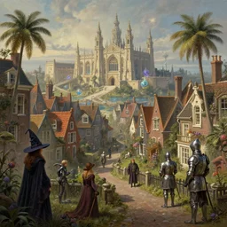 a seaside magical village with witches and knights and a grand university of magic and science visible in the distance, inspired by victorian england and amsterdam, palm trees, highly detailed, intricate, digital painting, trending on artstation, concept art, matte painting, art by greg rutkwowski, craig mullins, octane render, 8 k, unreal engine