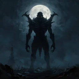 a digital painting of cthulu standing in the distance, silhuette, back lighting, dramatic scene, detailed, night time, full moon, in the style of greg rutkowski