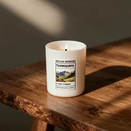 a white candle on a wooden table. warm lighting