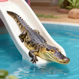 curious indian gharial playing in the water going down a slide, artstation, colorful