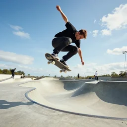 This image is of a skater performing a trick on a half pipe. The skater is in midair and doing a flip. The background is of a skate park with other skaters. There is a bright blue sky with some clouds, Realistic, HDR, 8K, Unreal Engine 5,