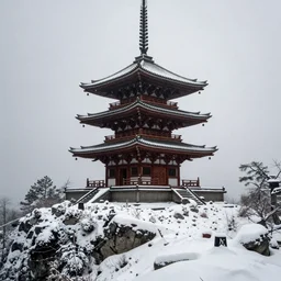 a monolithic japanese temple on a snowcapped mountain. snowing, grainy, overcast sky.