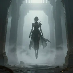 character concept, a figure hovering above the ground inside a temple, foggy, atmospheric, fantasy art, sci - fi, alena aenami, digital art