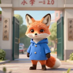 portrait of a small fox wearing blue coat stood outside a school gate, trending on artstation, highly detailed, digital painting, volumetric light, concept art, middle focus, illustration, cel shaded, studio ghibli, cute