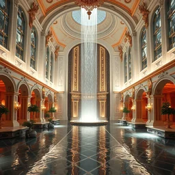 bright sleek waterfall palace interior, neo - rococo, extreme opulence, 4 k octane render, utopia, made by sega, volumetric light, futurism, 4 k full hd, photoreal, photoreal, cinematic, futuristic, wealthy atmosphere, imagined by simon bizley, albert bierstadt, herbert james draper, arnold bocklin, sir lawrence, alma - tadema, karl