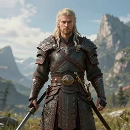a heroic warrior from a fantasy world, standing in front of a beautiful scenery, highly detailed, masterpiece