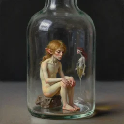 a tiny realistic proportioned spirit man sitting down inside a glass bottle. beautiful detailed painting by artgerm and magali villanueve and michael whelan