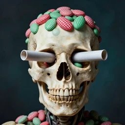 a self portrait photograph by the artist kelbv, in distinct hyper detailed style with tubes coming from eyes, and hollowed skull filled with red and green gingham ellipsoids, perfect studio lighting against a backdrop of a still from the movie squid asthma.