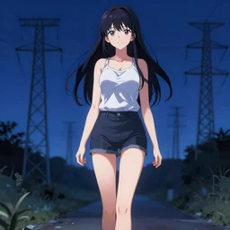 full - body anime girl by davinci walking through scenic power grid at night, upper - body beautiful extremely detailed illustration, stunning face and eyes, pretty, perfect anatomy, pixiv gelbooru danbooru
