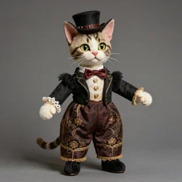 photographic portrait of a proud and fashionable antique cat puppet, by alfred pellan