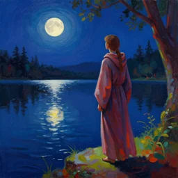 beautiful colorful digital painting of a robed figure standing at the side of a dark lake, looking at the reflection of the moon in the water realistic, colorful, vibrant. highly detailed