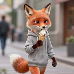 furry art of female fox walking down the street holding an icecream cone, digital art, artstation, 4K, detailed, detailed fur, wearing grey hoodie, zootopia, detailed face, anthromorphic,