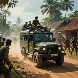 a militarized police vehicle riding through a kerala village, troops searching the area, furious action scene, an epic fantasy, dramatic lighting, cinematic, establishing shot, extremely high detail, photorealistic, cinematic lighting, artstation, matte painting, octane render, by simon stalenhag, shadow of the tomb raider, aesthetic