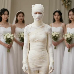 a mummified maid of honor wrapped in bandages standing with bridesmaids