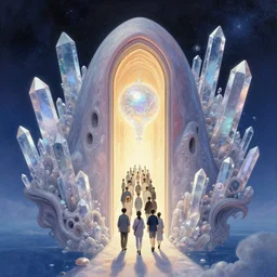 a symmetrical!!! delicate mtg illustration by charles vess and kawase hasui of a large group of people entering the glowing doorway of a massive vulva - shaped temple made of smooth organic architecture and floating in the astral plane and constructed of house - sized crystals and a bulb of the vestibule made of iridescent pearl