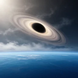 A black hole with a glowing accretion disk, viewed from the surface of a blue ocean planet, sparse mountains on the horizon, clouds, light fog, dramatic lighting, stunning, art by Jessica Rossier
