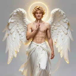 fullbody portrait of a beautiful young fit male angel with curly blond hairs, soft smile, closed eyes, blessing palm, dressed in long fluent skirt, majestic symmetrical eagle wings, luminous halo, by greg rutkowski and alphonse mucha, gradient white to gold, in front of an iridescent background, highly detailed portrait, digital painting, smooth, sharp focus illustration