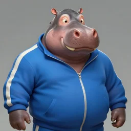 a award winning commission portrait of a fit anthro hippo wearing a blue tracksuit,digital art,art by greg rutkowski,character design by charles bowater,detailed face,hyperdetailed,photorealistic,artstation,deviantart,4k,western comic art,sharp,high definition