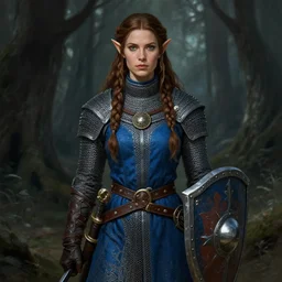 portrait woman, chainmail, blue surcoat tabard, elf long weaving brown hair, round medallion, leather gloves, wide belt scabbard, shield, dark forest, dnd fantasy, intricate, digital painting, artstation, concept art, matte, sharp focus, illustration, hearthstone, art by loes romero, artgerm, mucha