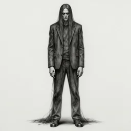 creepy tall man with hair touching the ground, charcoal drawing