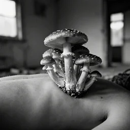 1 9 7 0 s photography, black and white, mushrooms growing over human body in abandoned house