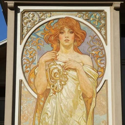 art nouveau mural on the side of a building, beautiful woman, Nikon 50mm