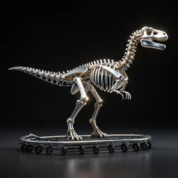 Simple bionic exploded drawing dinosaur skeleton sculpture made from rollercoaster, with big chrome tubes, chains organs, by david lachapelle, by angus mckie, by rhads, in a dark empty black studio hollow, c4d, at night, rimlight, rimight, rimlight, c4d, blender donut tutorial, octane
