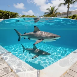 an extrior pool with sharks under a sunny day