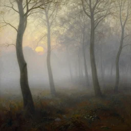 an impressive 1 8 0 0 s romanticism - inspired oil painting of a foggy tree line at dawn inspired by liberty leading the people