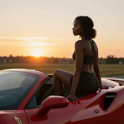 a black woman sitting on a red sports car looking at the sunset, golden hour, cinematic, establishing shot