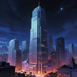 city in the style of cyberpunk, singular gigantic building focus, space sky, anime illustration, cinematic