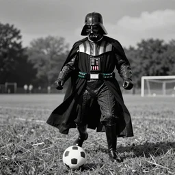 vintage black and white photograph of darth vader playing soccer
