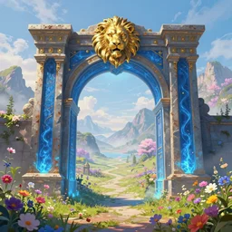 A giant medieval fantasy blue energy portal gate with a rusty gold carved lion face at the center of it, the portal takes you to another world, full of colorful flowers on the lost Vibes and mountains in the background, spring, delicate fog, sea breeze rises in the air, by andreas rocha and john howe, and Martin Johnson Heade, featured on artstation, featured on behance, golden ratio, ultrawide angle, f32, well composed, rule of thirds, center spotlight, low angle view