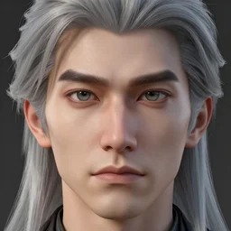 face closeup covered with 4 0 year old caucasian man, symmetric face, serious medium look, medium sized eyebrows, gren grey eyes, pale skin, silver grey ned full with some black hairs, shoulder long silver grey hair,, 3 d render, hyper - realistic detailed portrait, ruan jia, wlop