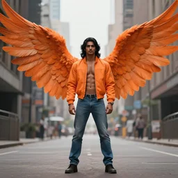 male angel avan jogia with large wings. Orange feathers. Jacket and jeans. Smooth brown skin. Long black hair. Distant full body shot. detailed urban fantasy digital art, trending on artstation