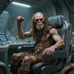 neanderthal inside a futuristic spaceship, caveman in pilot seat, epic pose