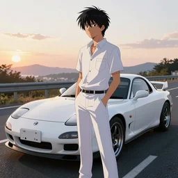 aesthetic detailed illustration of ryosuke takahashi with black hair and white pants, standing by his white glossy mazda rx 7 on an empty highway at sunrise, cinematic lighting, initial d anime 1 0 8 0 p, detailed anime face, high detail, 9 0 s anime aesthetic, volumetric lights, rule of thirds, unreal engine 5 render, pinterest wallpaper, trending on artstation
