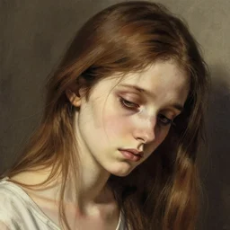 a beautiful portrait of a tired, sickly, thin young woman with extremely thin brown hair, by greg hildebrandt
