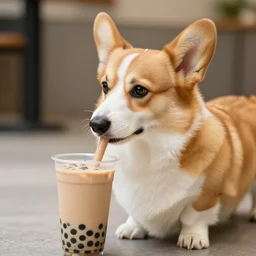 a corgi is drinking boba milk tea, realistic