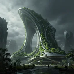 concept art of jeremy mann, epic exterior view of a curvy biophilic design architecture, by koichi takada, urban green, dappled lighting, darksynth, misty, ominous, unreal engine 5, 8 k