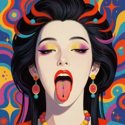 a colorful vibrant closeup portrait of a queen licking a tab of lsd acid on his tongue and dreaming psychedelic hallucinations, by kawase hasui, moebius, edward hopper and james gilleard, zdzislaw beksinski, steven outram colorful flat surreal design, hd, 8 k, artstation