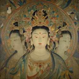 portrait full three kingdom breathtaking detailed concept art painting art deco pattern of birds goddesses amalmation flowers head thibetan temple, by hsiao ron cheng, tetsuya ichida, bizarre compositions, exquisite detail, extremely moody lighting, 8 k, art nouveau, old chines painting, art nouveau