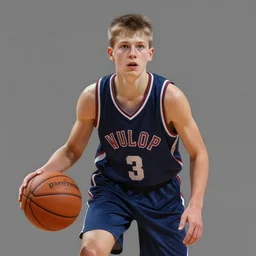 portrait of a white boy playing basketball wearing a basketball uniform, intricate, elegant, highly detailed, centered, digital painting, artstation, concept art, smooth, sharp focus, illustration, by Peter Mohrbacher, WLOP