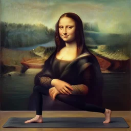a skinny young woman wearing workout clothes doing yoga near the lake!, looks like mona lisa, oil on canvas, centered, wide shot, highly detailed, masterpiece, award winning, sharp focus