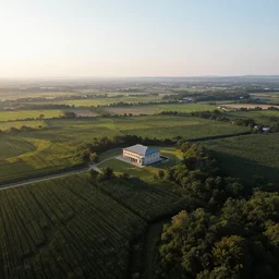 A serene landscape with a singular building in the style of aerial view.