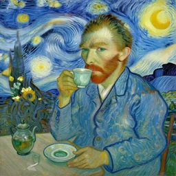 van gogh drinking tea in chengdu, by lijiayan, trending on artstation.