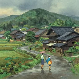 japanese rural town, rain, in the style of studio ghibli, j. c. leyendecker, greg rutkowski, artem