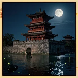 kodak portra 4 0 0 photographic and realistic, ancien chinese tower, fireflys, temple, night, moonlight, detailed, octane render, unreal engine, 4 k, artstation, hyper realistic, wide angle, floor flooded, how a river, objects that float, 3 5 mm, sharp focus, soft light, volumetric light, in the style of gregory crewdson
