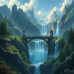 fantasy landscape, bridge over waterfall, lake, art by cyril rolando, 6 point perspective, high detail, sharp focus, elegant, intricate, epic, fantasy digital art